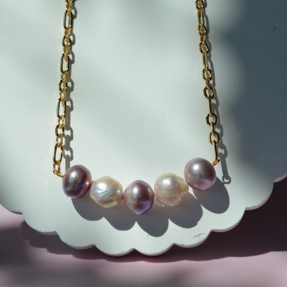 24.5" Natural Purple & White Edison Pearl Necklace – Gold Plated Chain - Picture 7 of 7